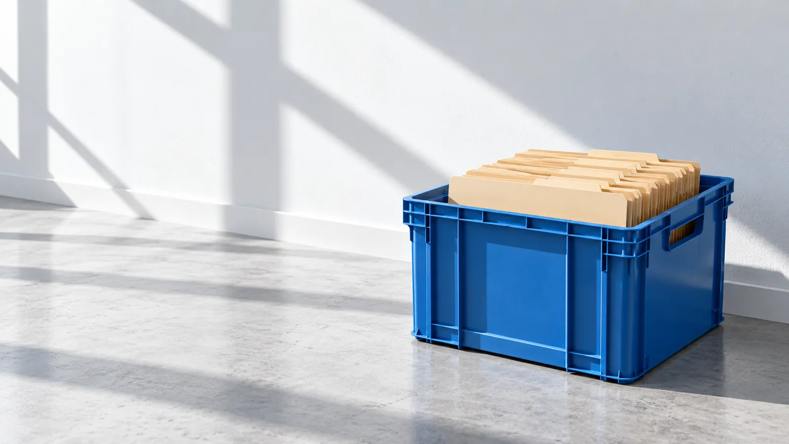 Blue moving crate filled with plain buff folders in a bright empty office