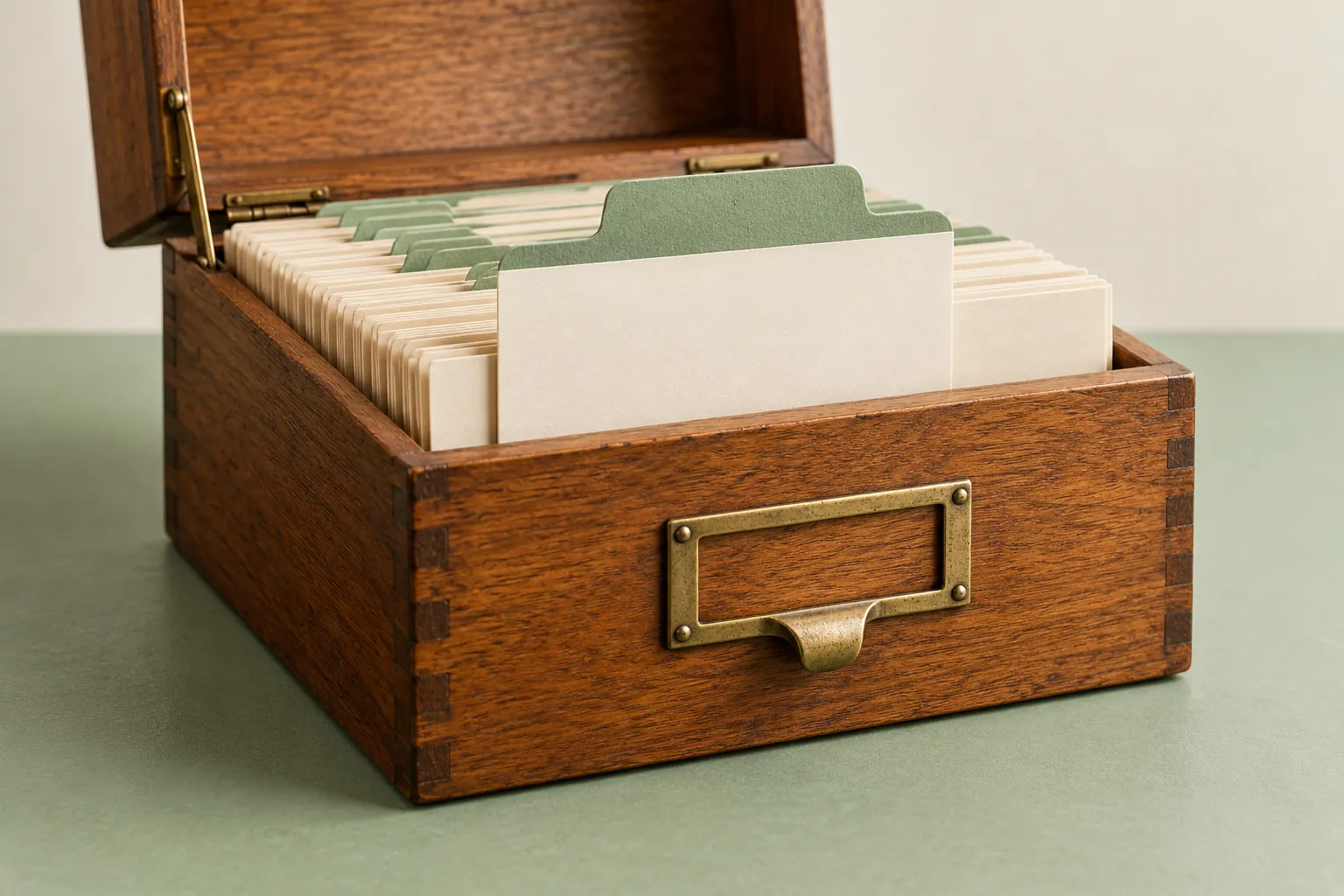 Open wooden index-card box with cream cards and green dividers on a sage tabletop