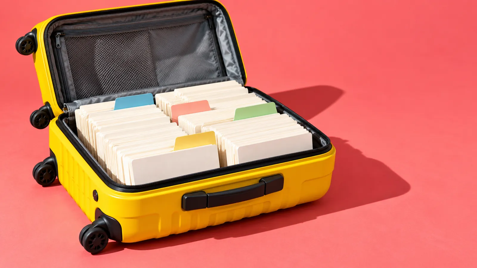 Open yellow suitcase filled with blank index cards on a coral pink surface