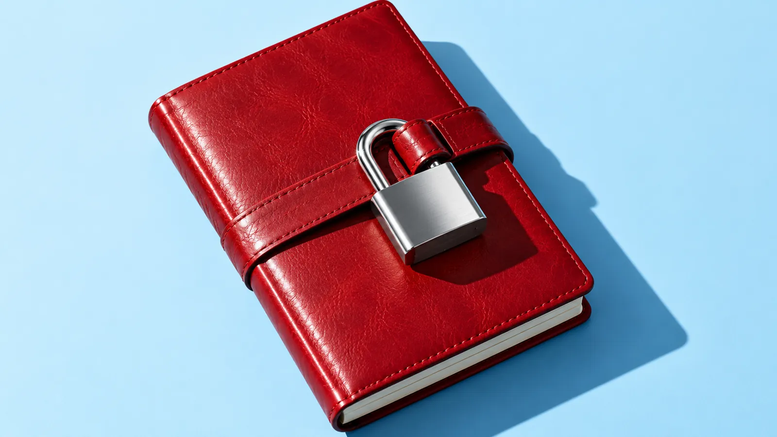 Red leather notebook secured with a silver padlock on an ice-blue background