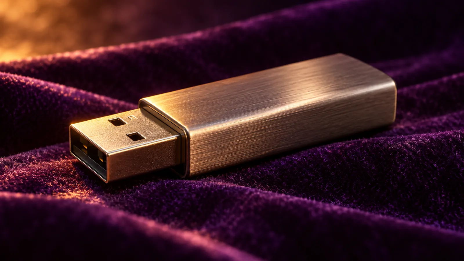 Unbranded metal USB memory stick resting on purple velvet in warm light