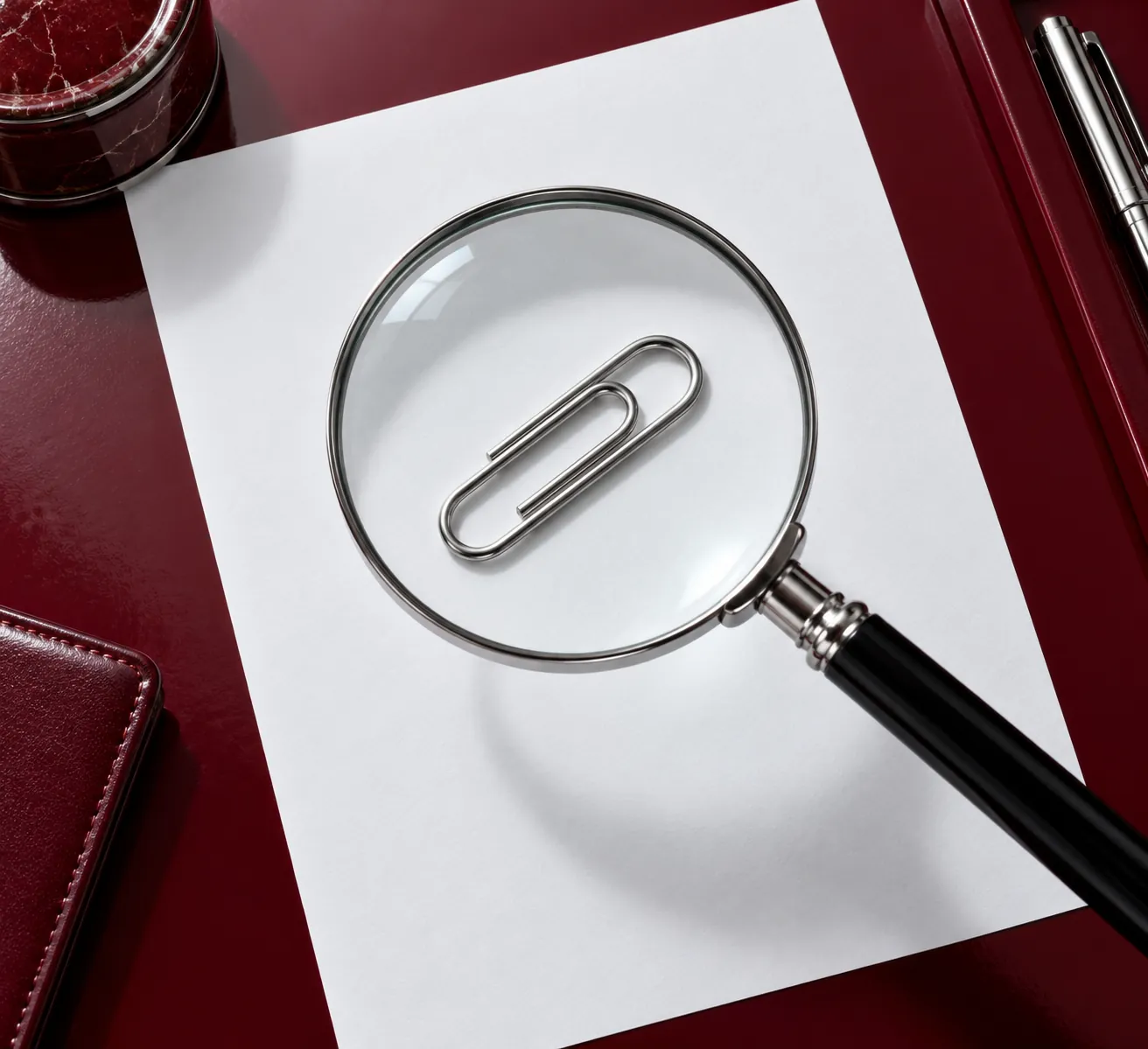 Magnifying glass enlarging a paperclip on blank paper on a burgundy desk