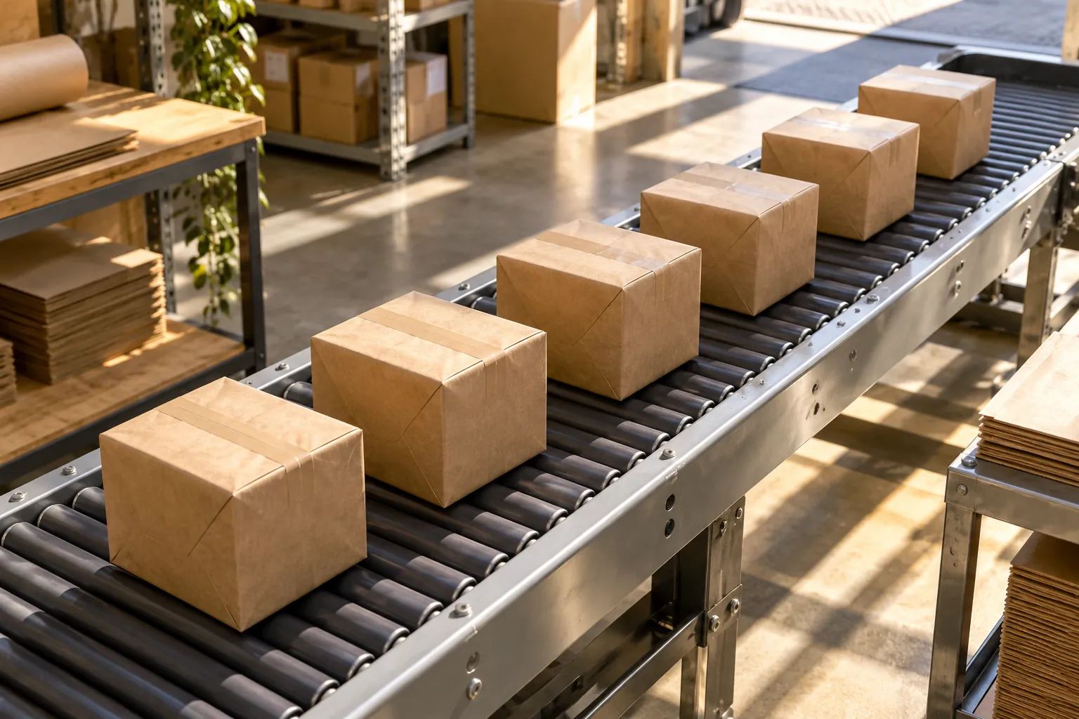 Plain kraft-paper parcels travelling together on a sunlit warehouse conveyor