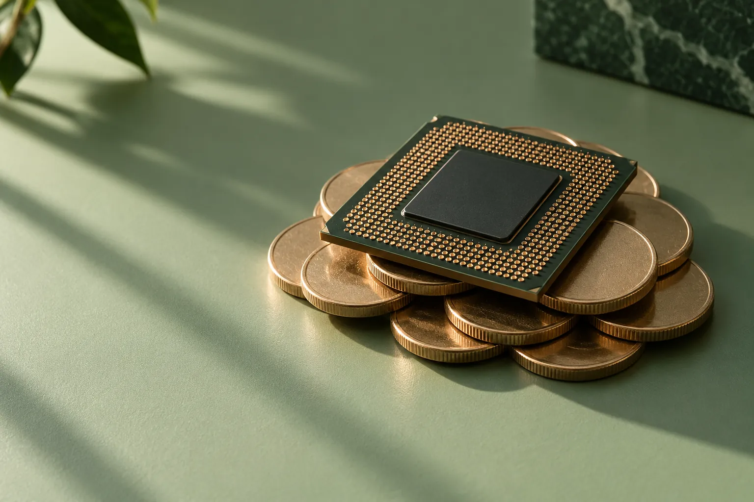 Unbranded processor chip resting on coins on a sage-green desk