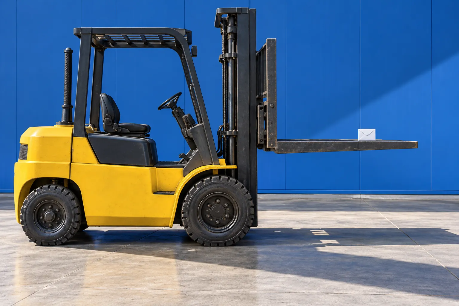 Yellow forklift carrying a single tiny white envelope against a cobalt-blue wall