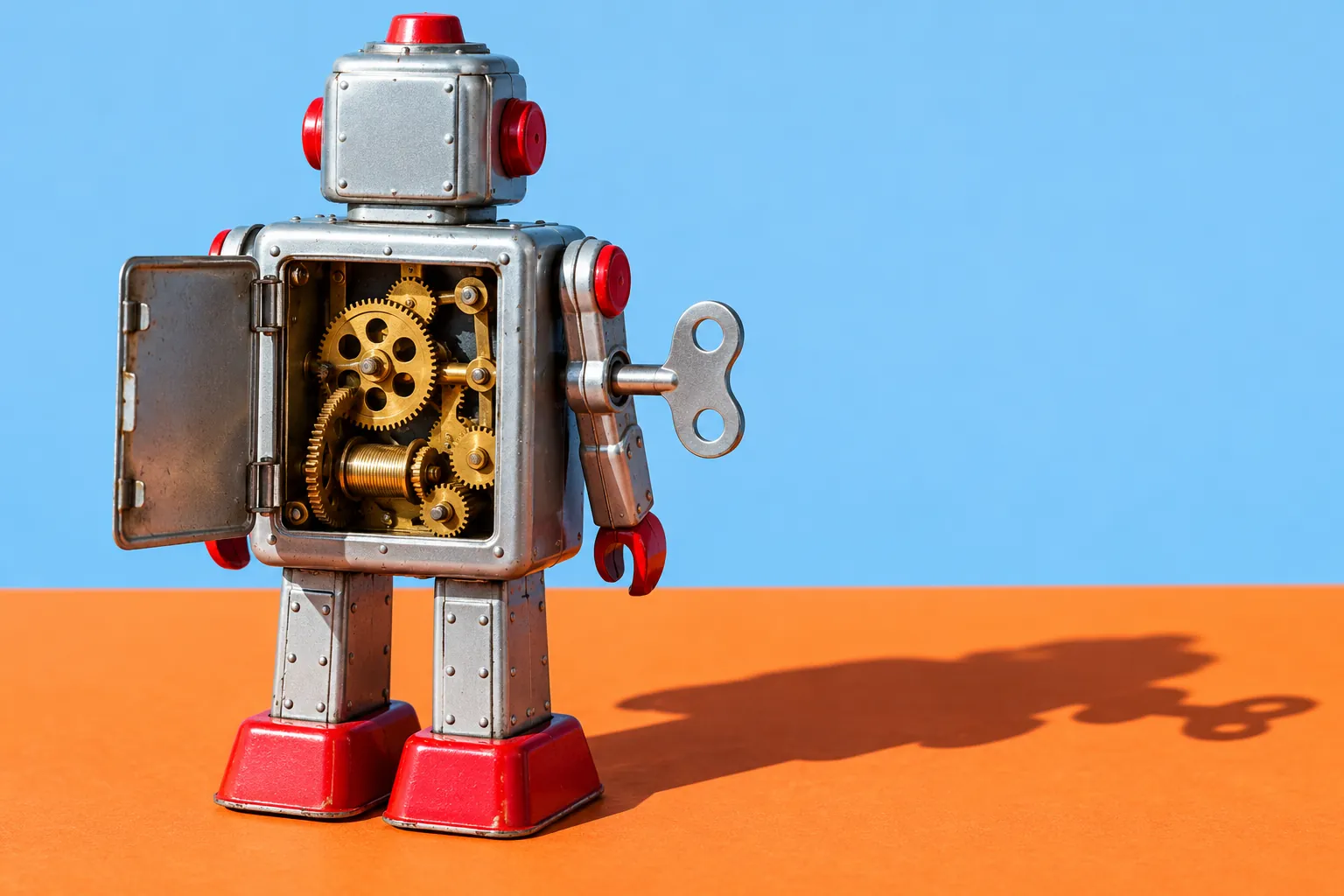 Back of a wind-up toy robot showing exposed brass clockwork gears