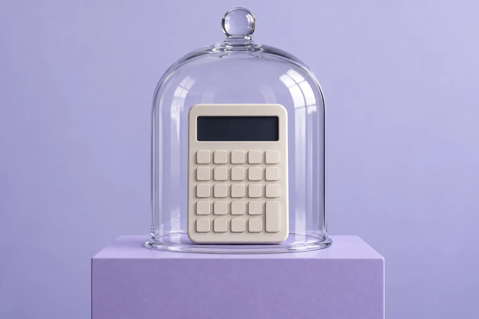 Cream calculator with blank buttons under a glass bell jar on a lavender plinth