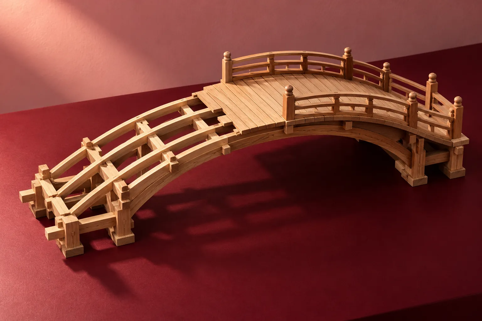 Partially assembled wooden arched bridge model on a burgundy surface