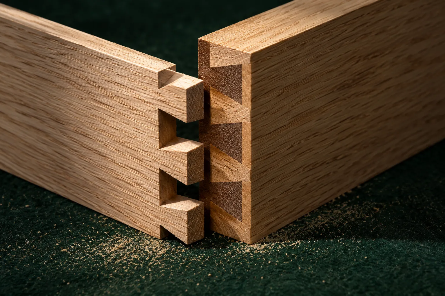 Partly separated oak dovetail joint on a dark green work surface