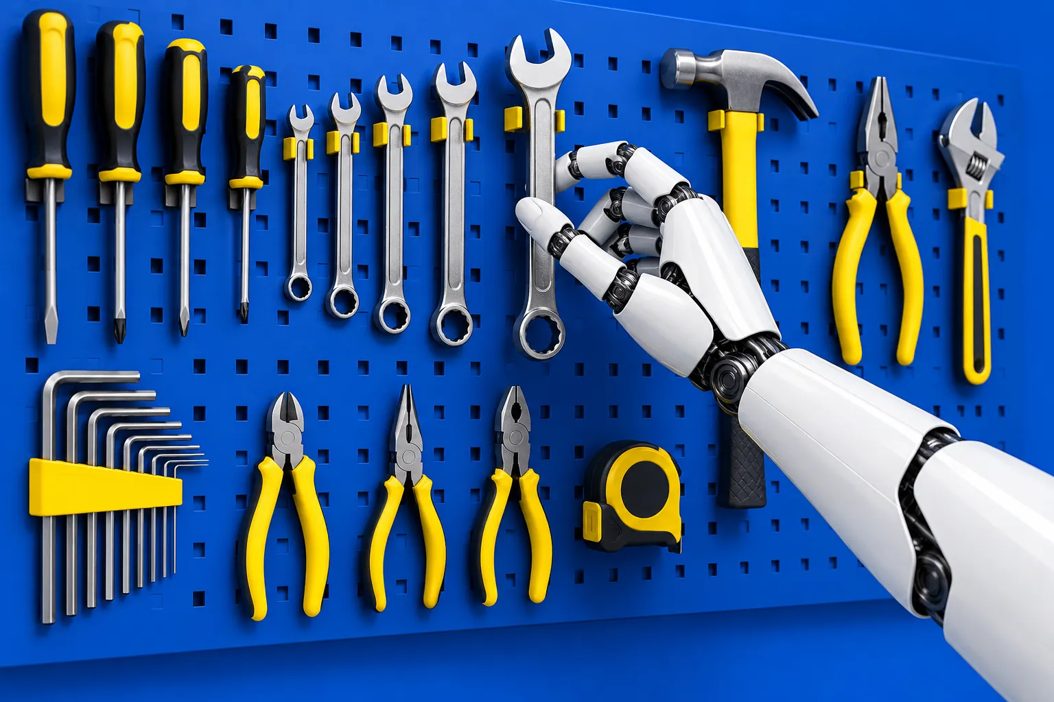 Robotic hand selecting a spanner from an organised blue and yellow tool wall