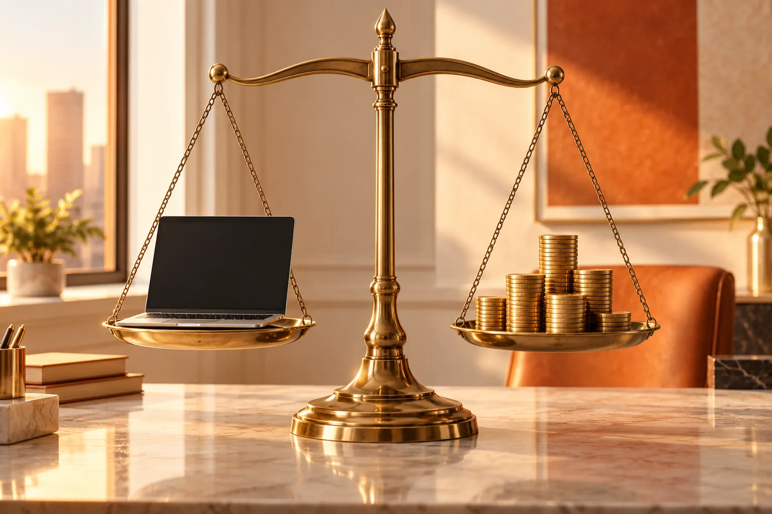 Brass balance scale weighing an unbranded laptop against stacks of gold coins