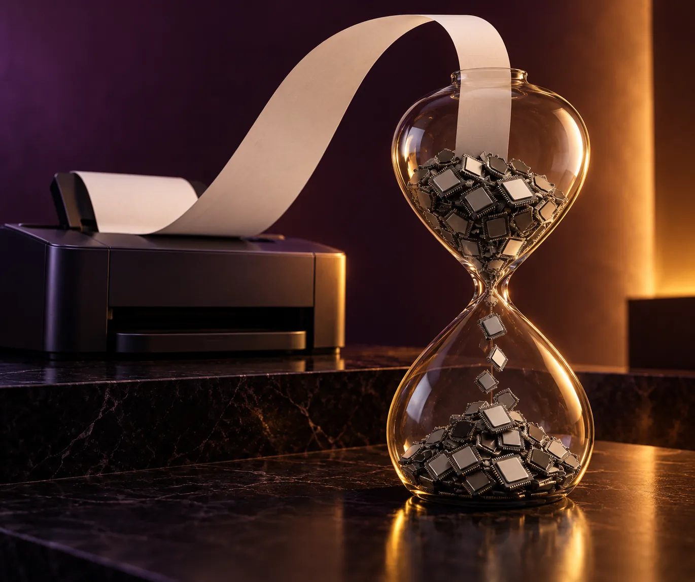Office printer feeding a blank receipt into an hourglass filled with computer chips