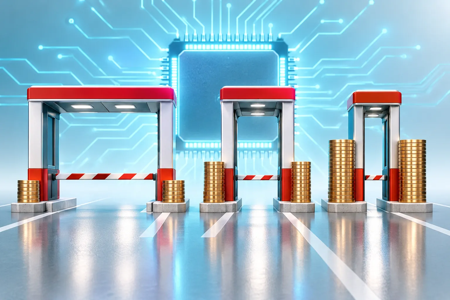 Three technology toll gates surrounded by coins in front of a glowing processor