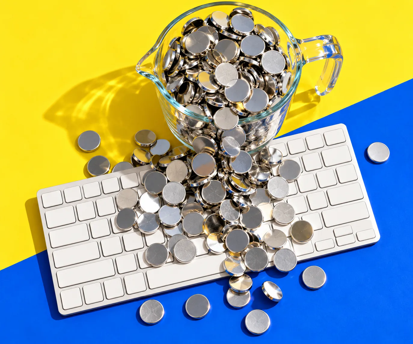 Transparent measuring jug overflowing with metal tokens onto a keyboard