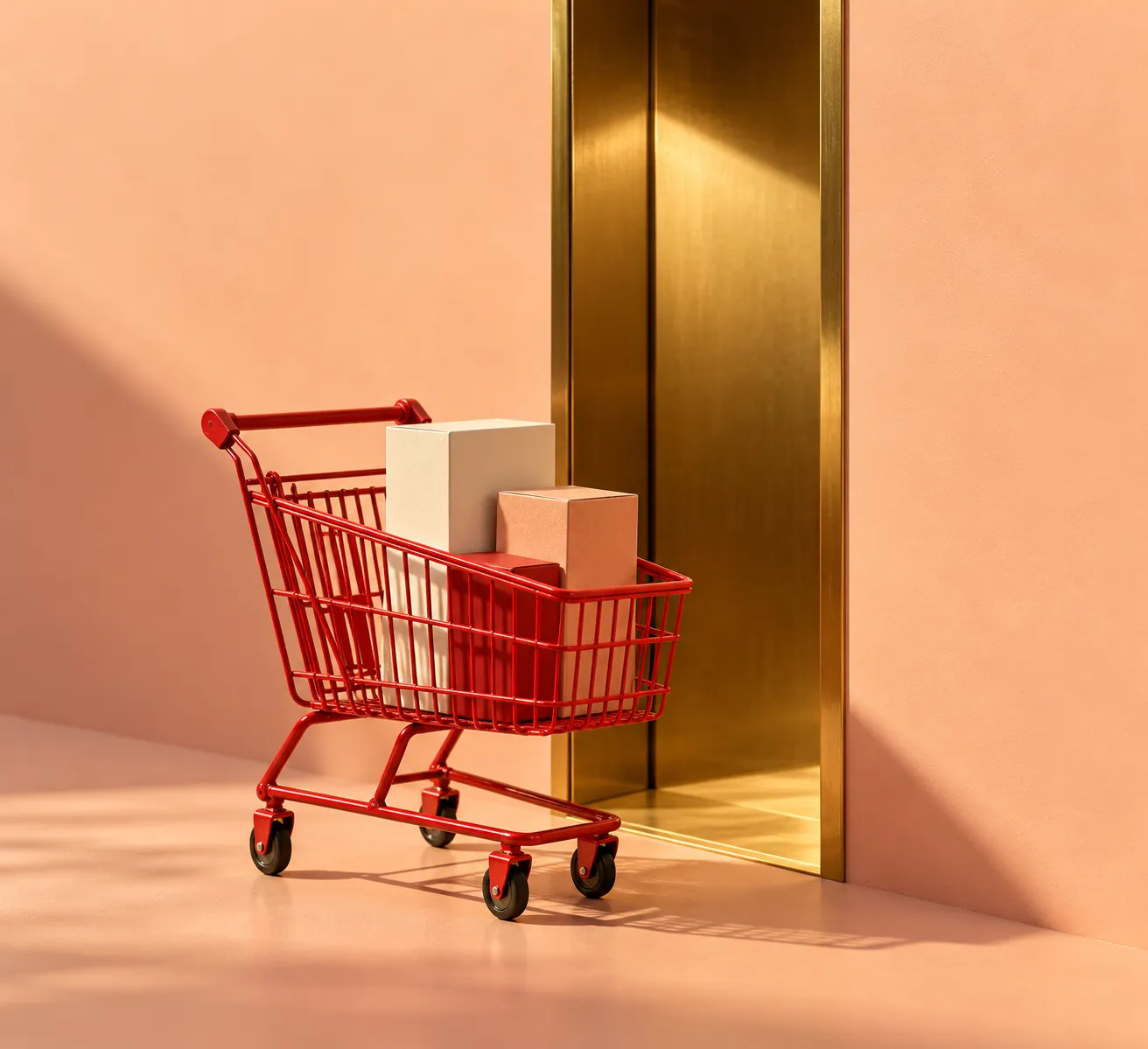 Red shopping trolley carrying plain boxes beside a narrow brass doorway in a peach wall