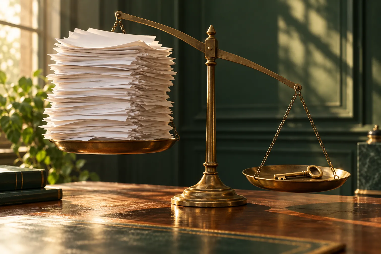 A brass balance scale holding a tall pile of blank paper opposite a small key in a sunlit green room
