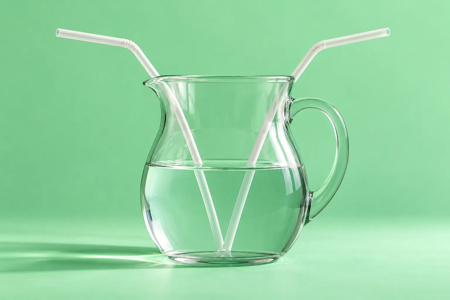 A half-full glass water jug with two straws against a mint green background