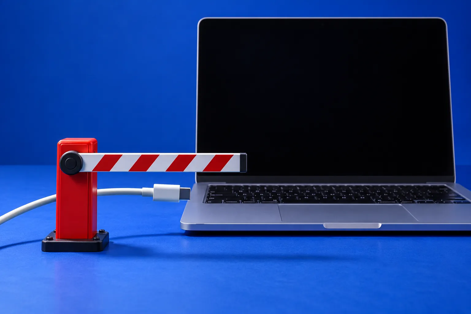 A red and white barrier across the cable of an unbranded laptop on a cobalt blue background
