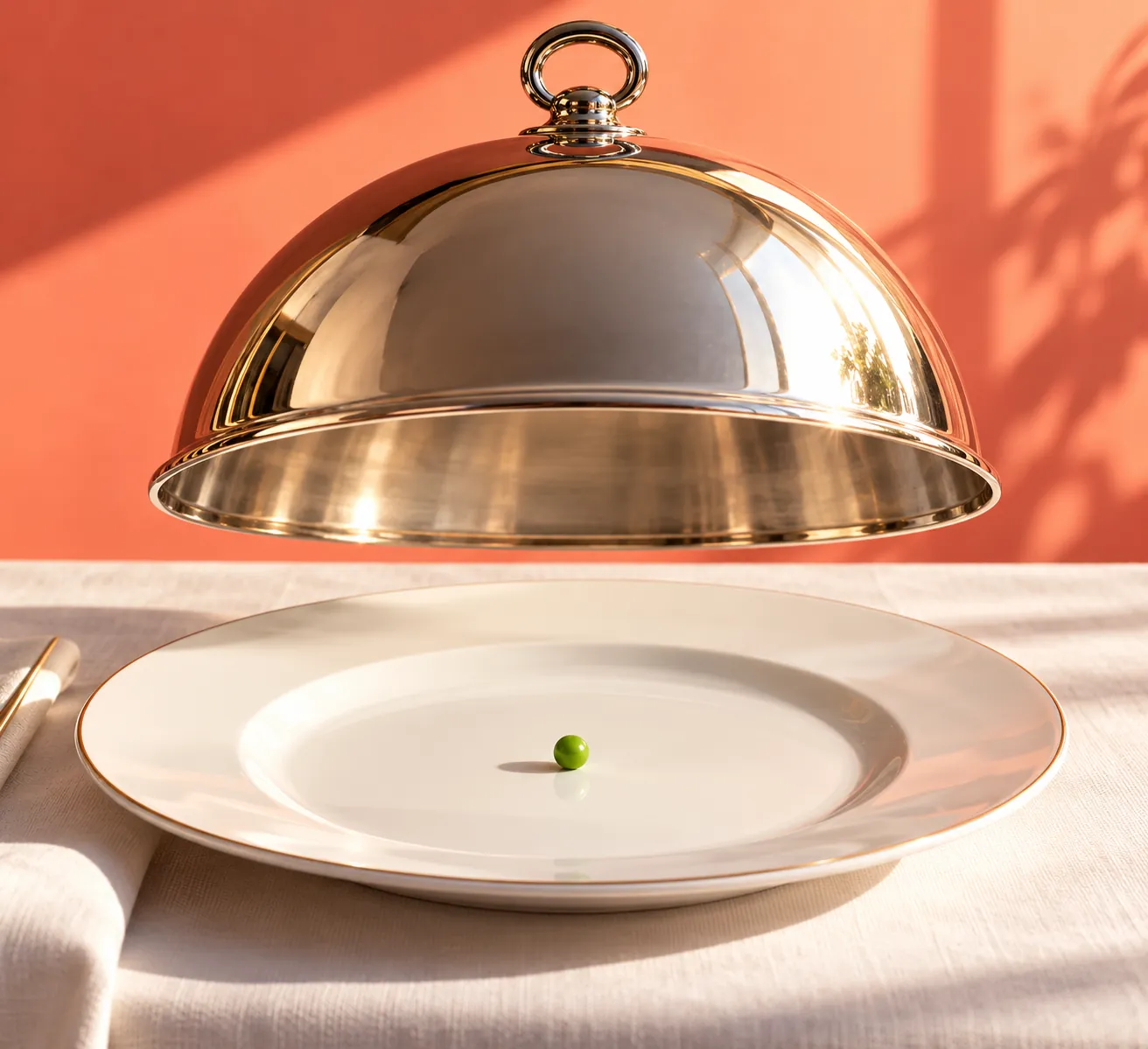 A silver serving cloche lifted above a white plate holding a single pea against a coral background