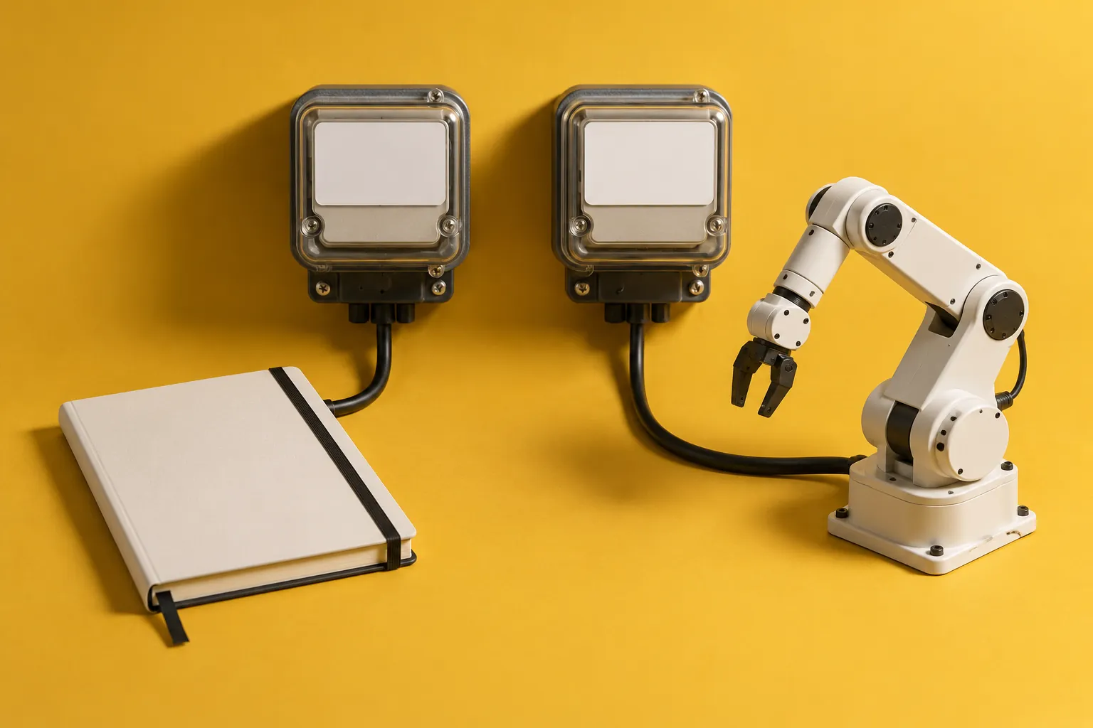 Two blank-faced meters connected separately to a notebook and a small robot arm on a yellow background