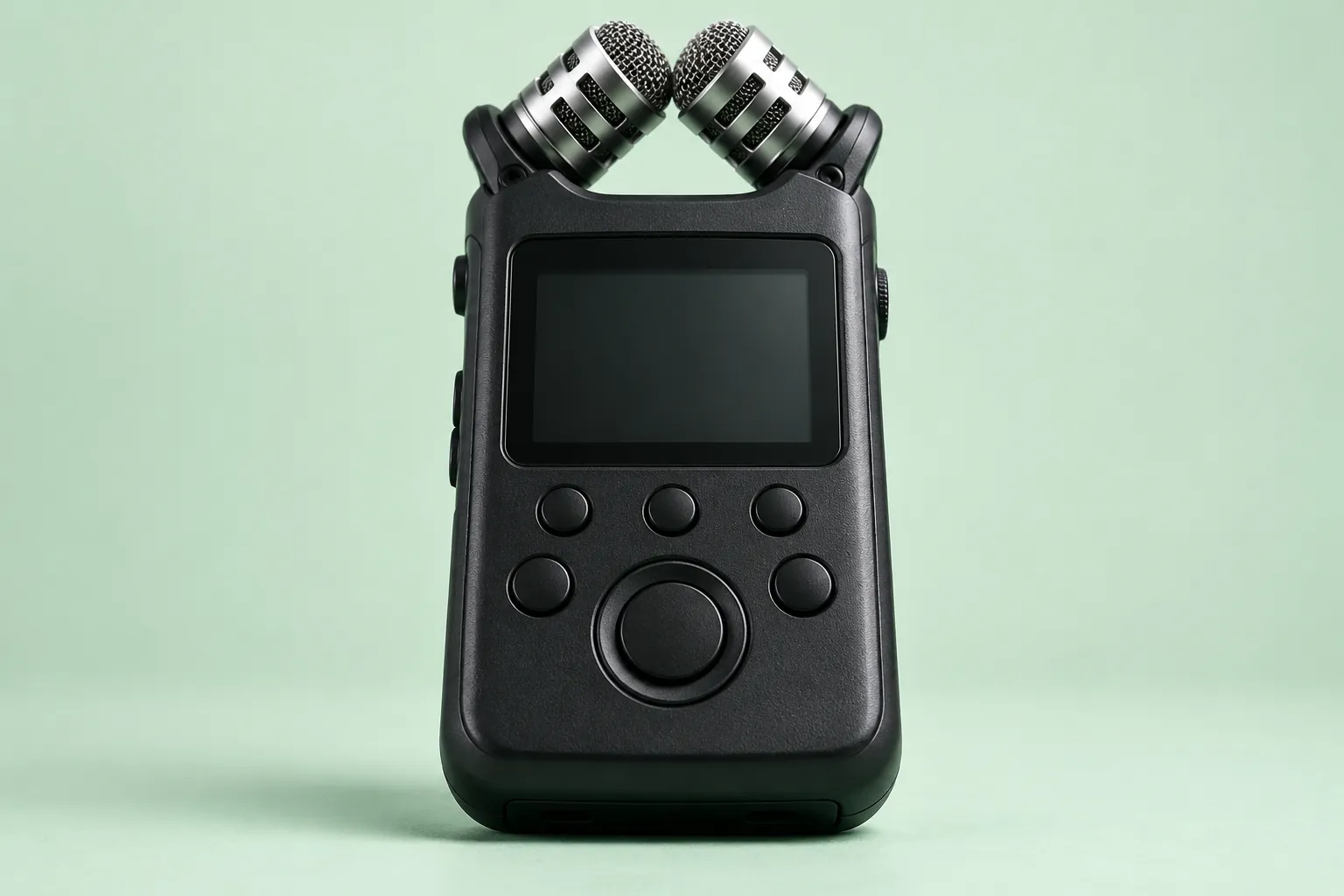 Black handheld audio recorder with silver microphones on a mint green background