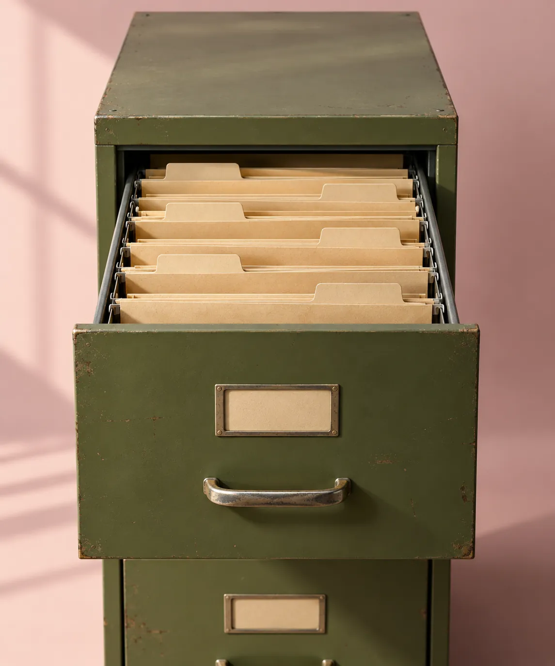Open olive-green filing cabinet drawer filled with plain manila folders