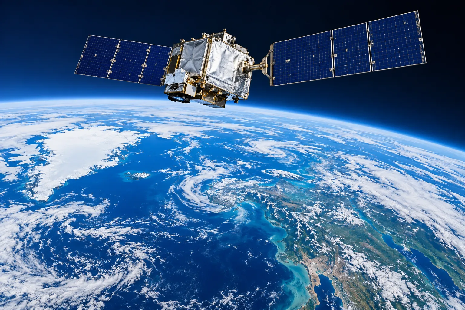 An Earth-observation satellite with blue solar panels above the curved blue Earth
