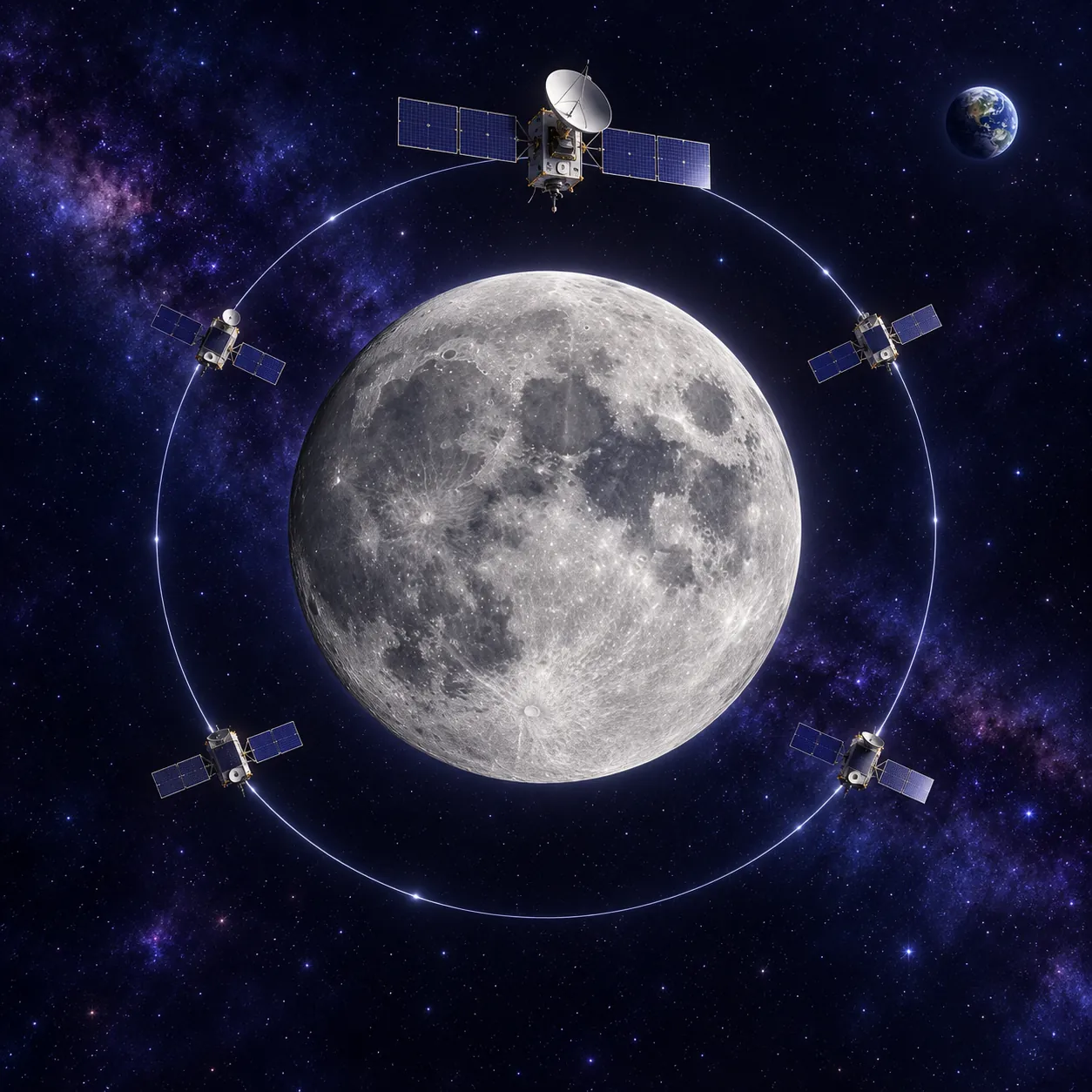 Five communications and navigation satellites arranged in orbit around the Moon