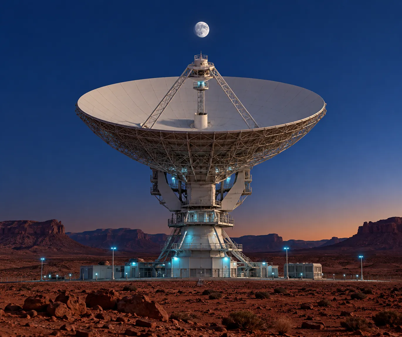 Large deep-space ground station dish beneath the Moon in a desert at blue hour