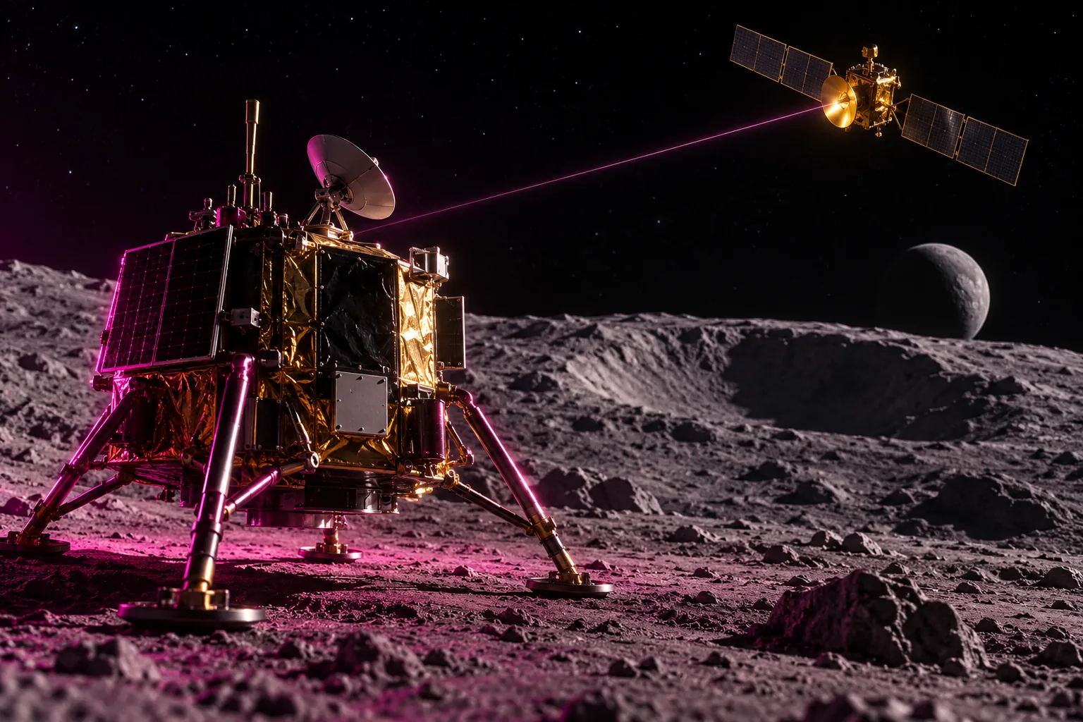 Lunar lander linked by a signal beam to a gold relay satellite above the horizon