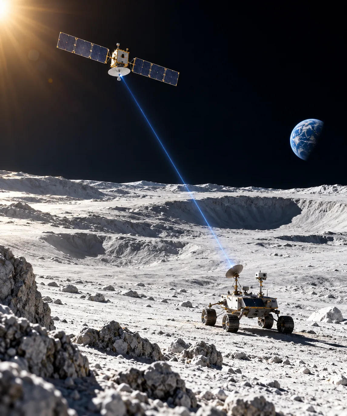 Lunar rover communicating with a relay satellite above the Moon's bright south pole