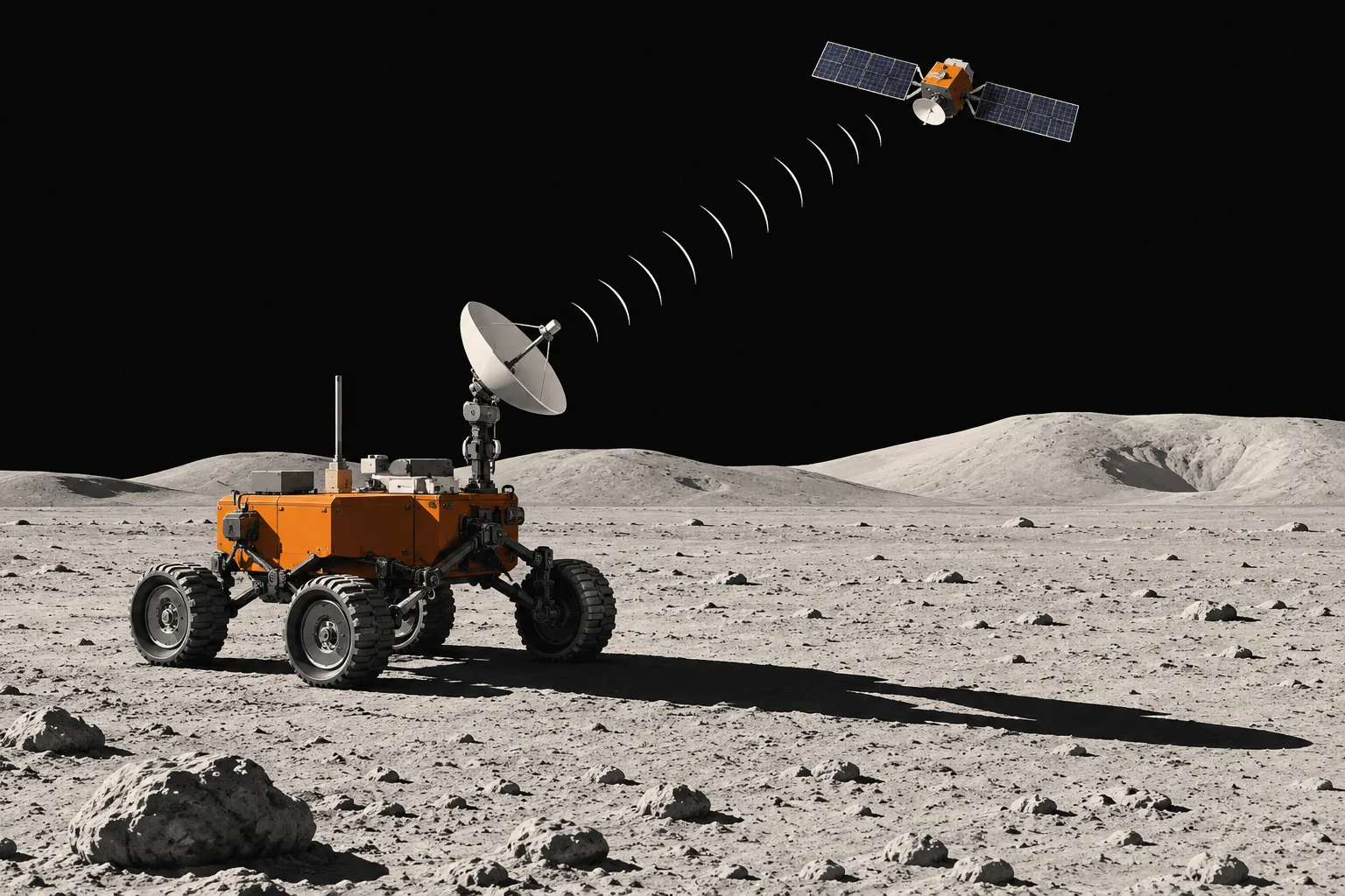 Orange lunar rover sending a navigation signal to a satellite overhead