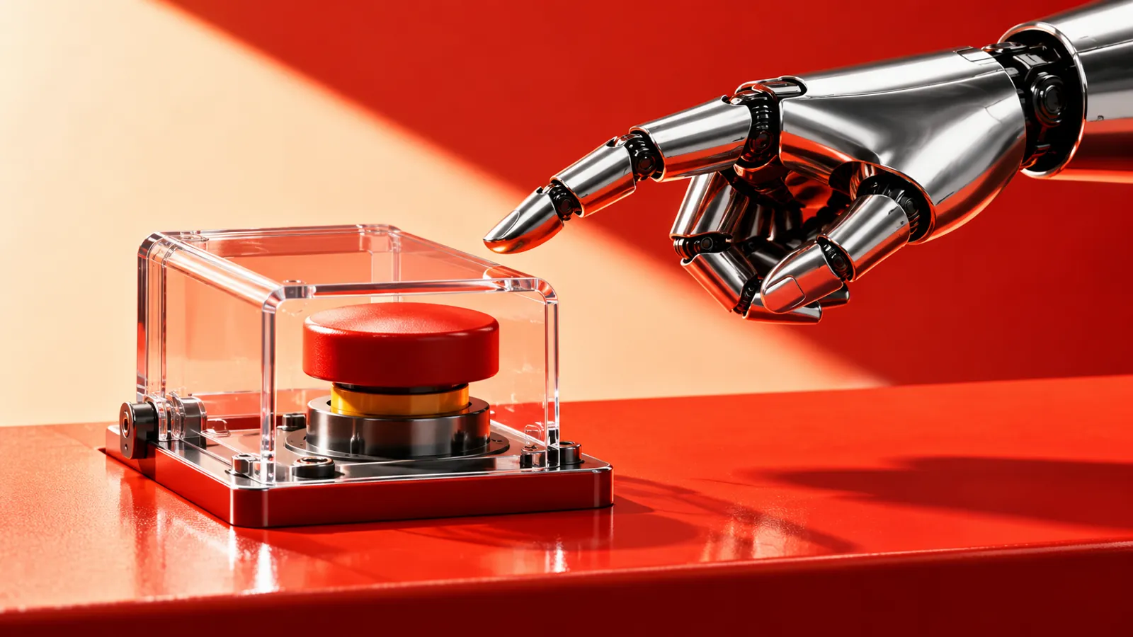 Chrome robot hand paused above a guarded red control button