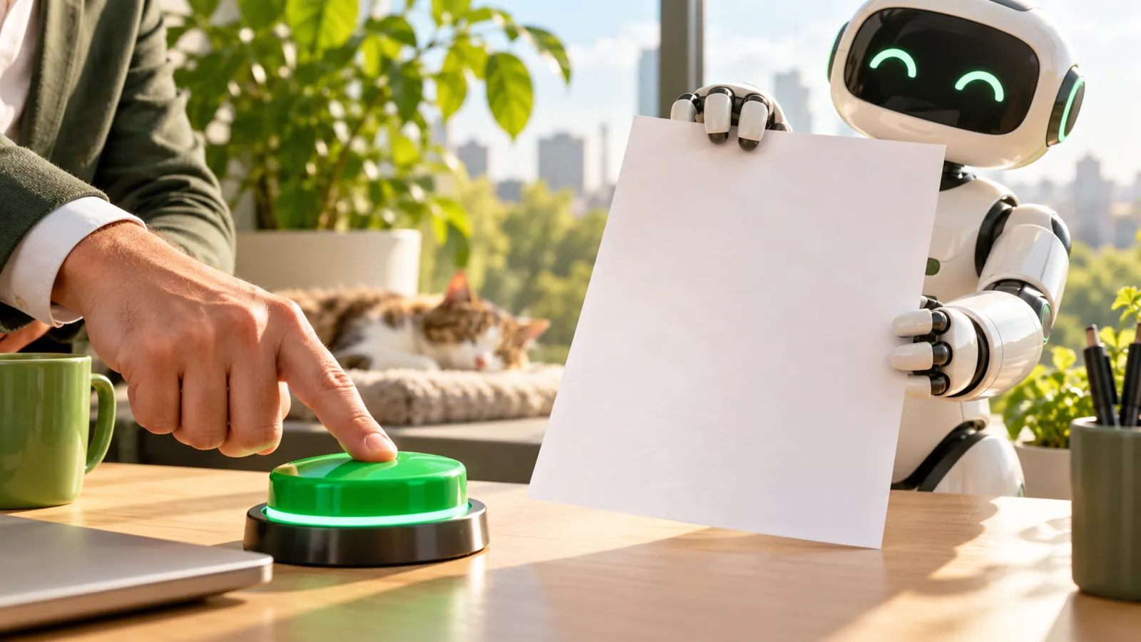 Human hand pressing an approval button beside a robot holding a blank document