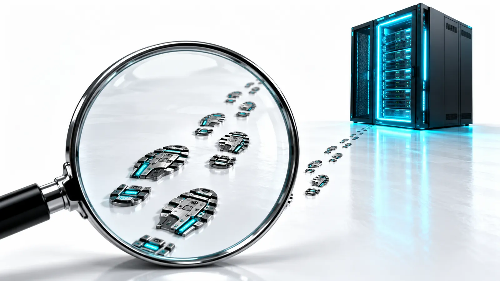 Magnifying glass inspecting robotic footprints leading to a server cabinet