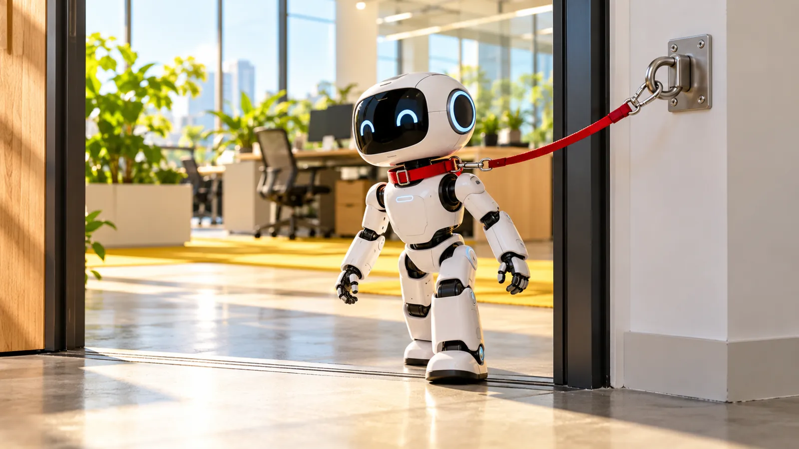 Small office robot at a doorway held by a bright red safety tether