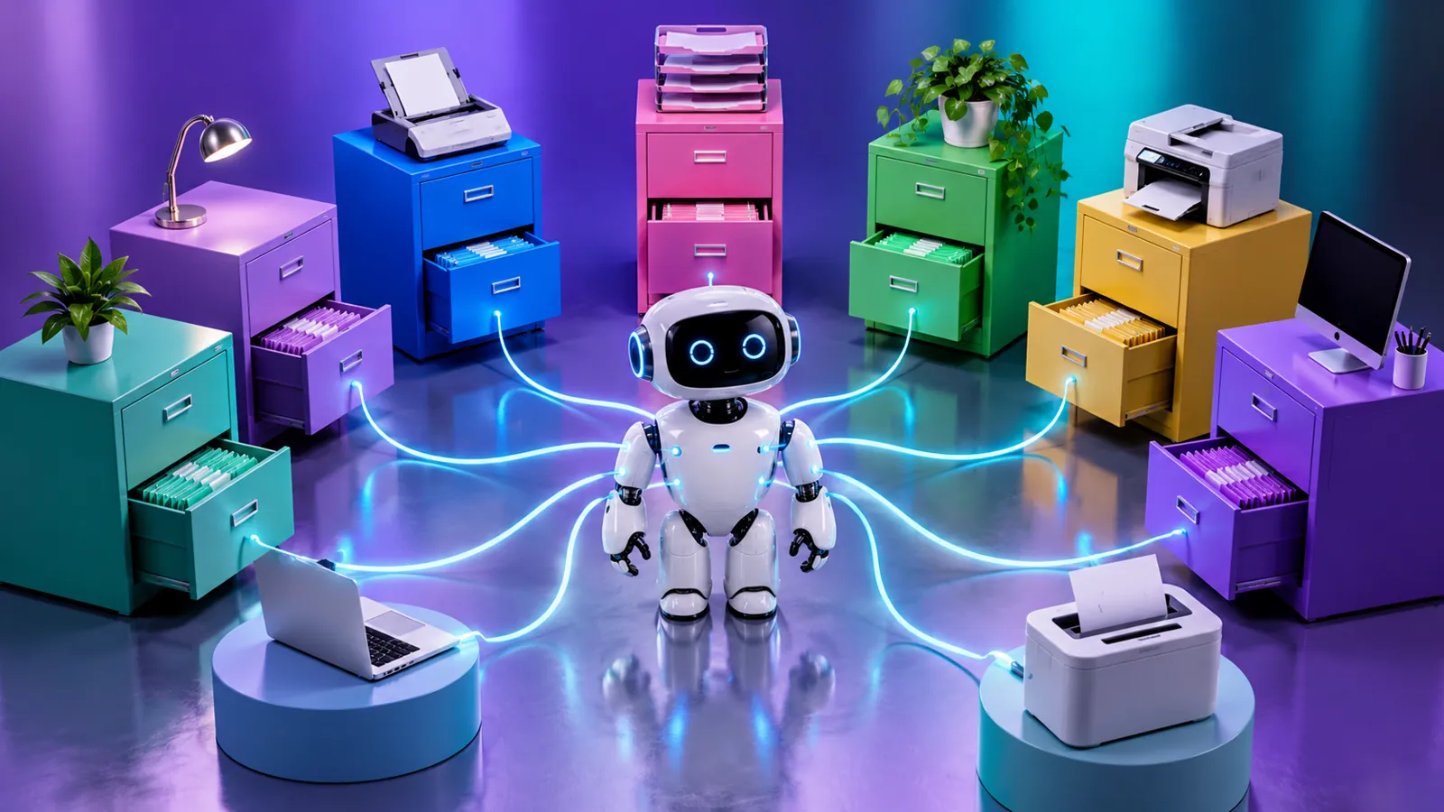 White office robot connected to colourful filing cabinets and business devices