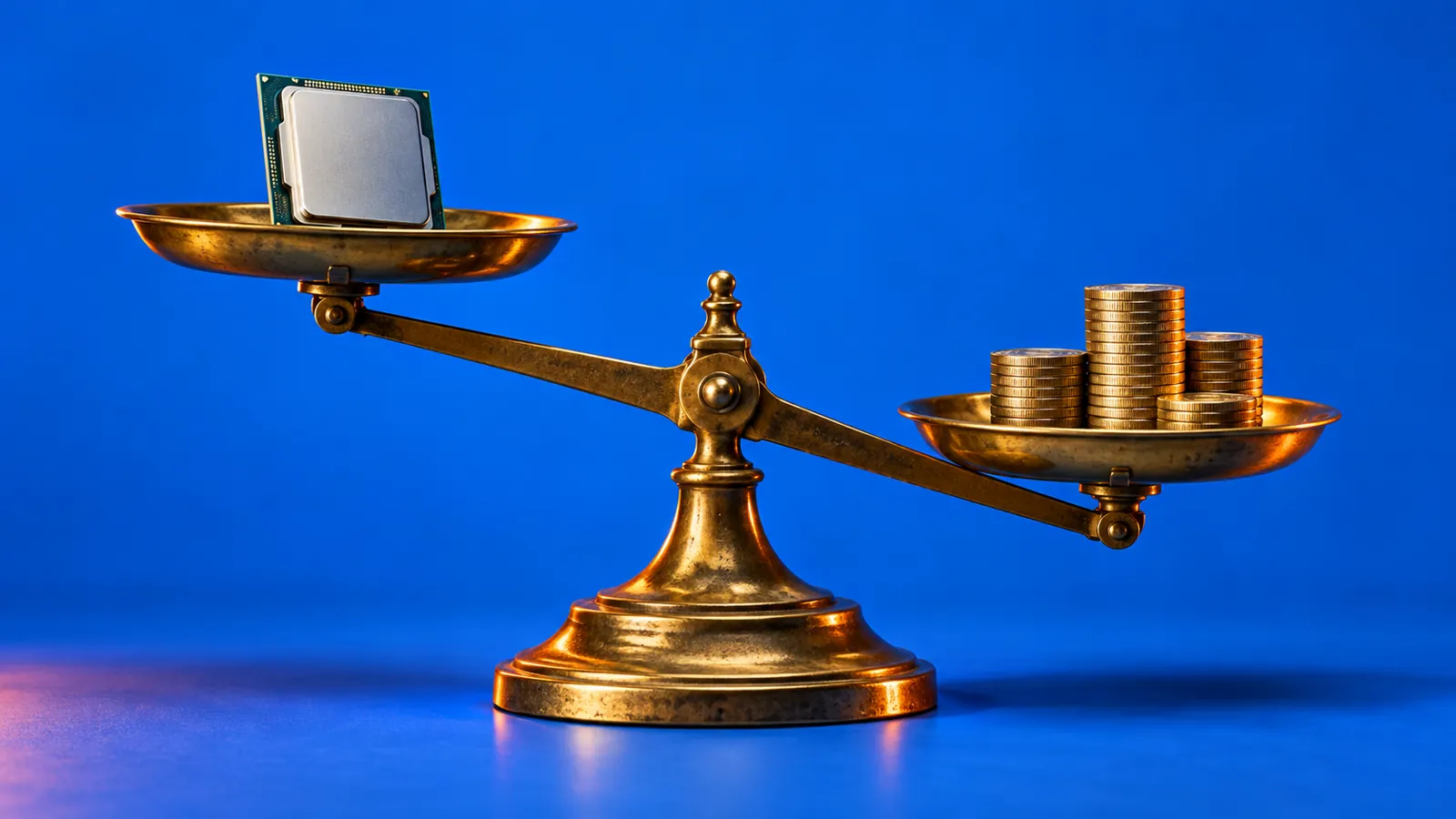 Computer chip and coins balanced on a brass shop scale