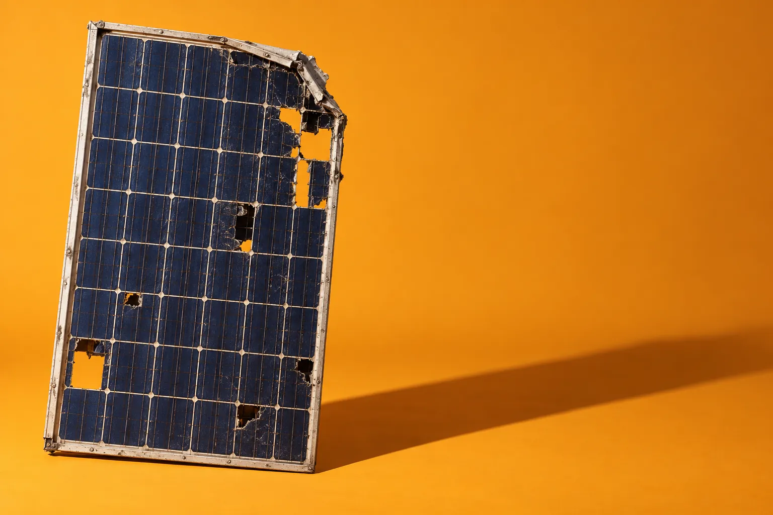 Broken blue spacecraft solar panel casting a long shadow on an ochre background