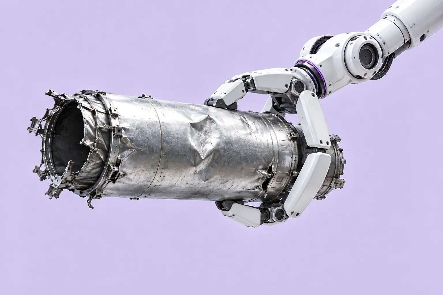Concept illustration of a white robotic gripper holding a dented metal cylinder