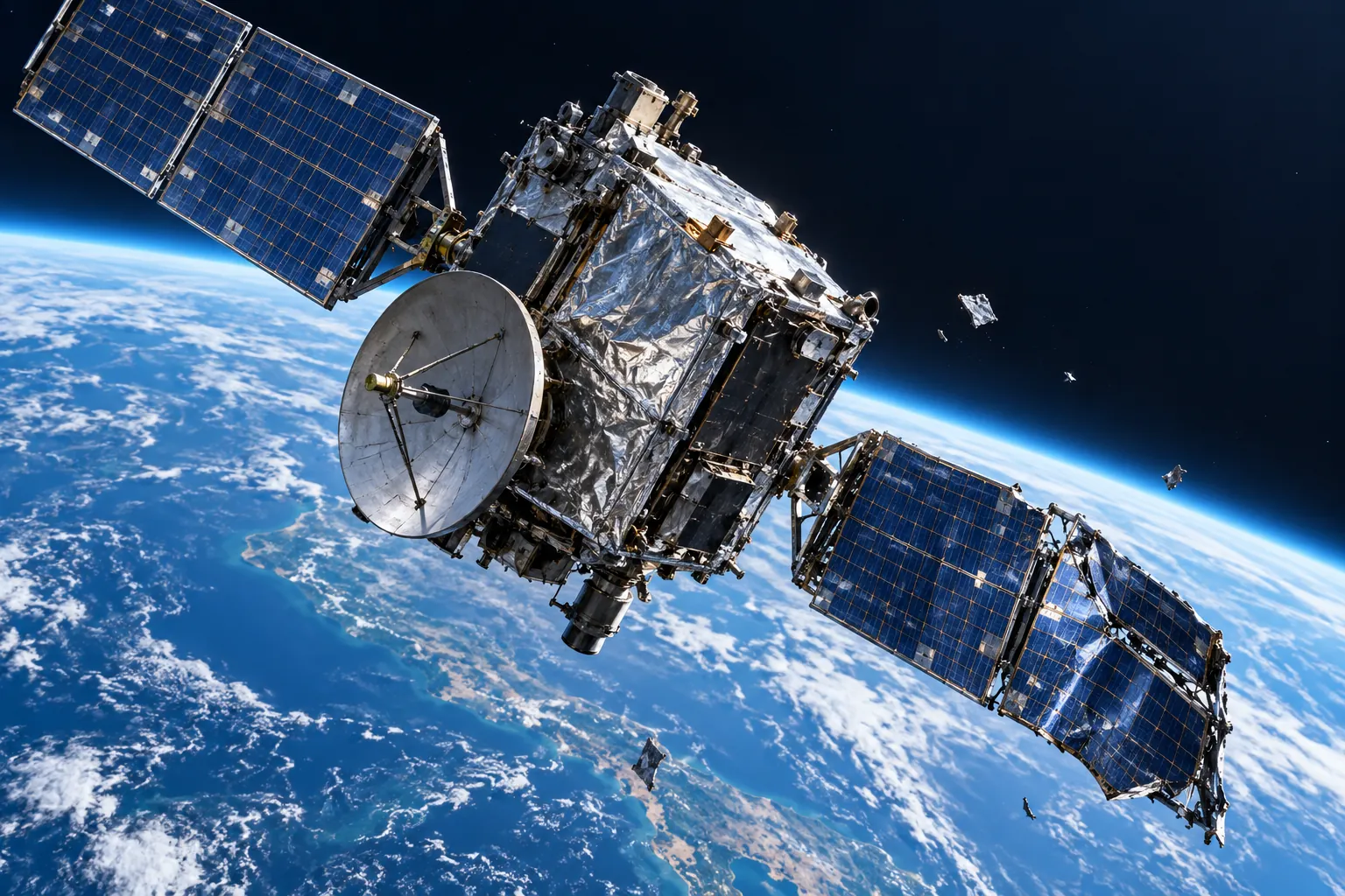 Illustration of a damaged silver satellite with blue solar panels above Earth