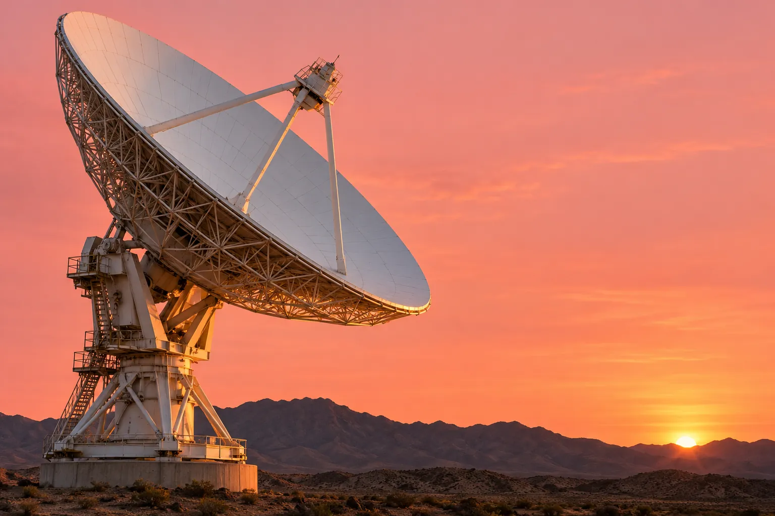 Large parabolic tracking dish overlooking desert mountains at a coral sunset