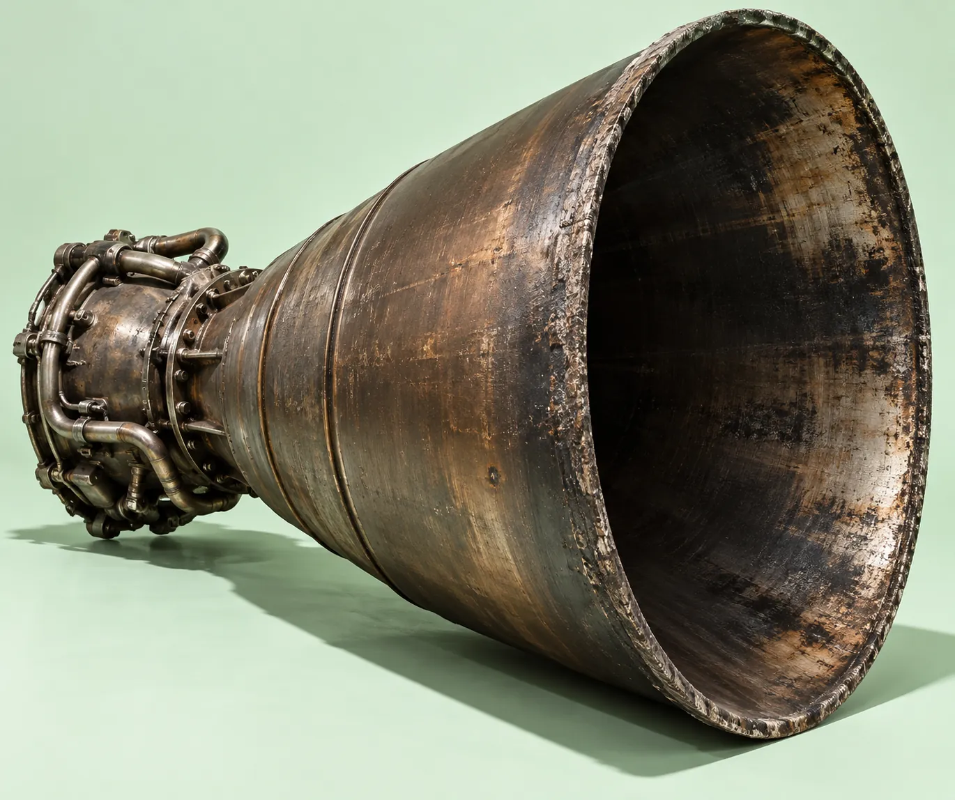 Scorched bronze rocket engine nozzle lying on a pale mint background