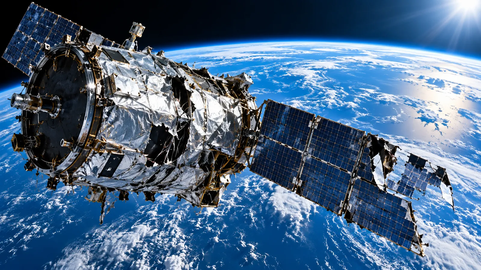 A damaged satellite above blue Earth, a conceptual illustration of space debris